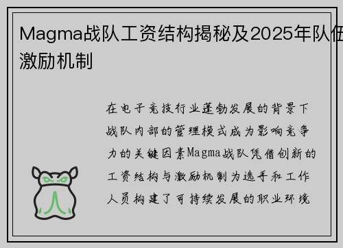 Magma战队工资结构揭秘及2025年队伍激励机制