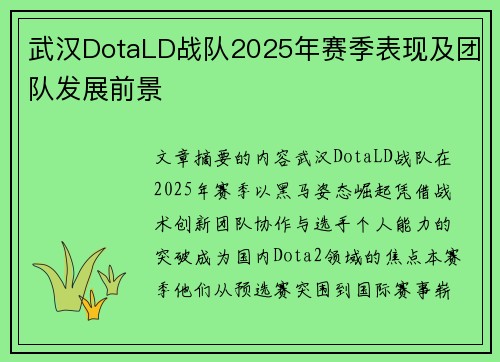 武汉DotaLD战队2025年赛季表现及团队发展前景