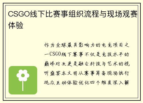 CSGO线下比赛事组织流程与现场观赛体验